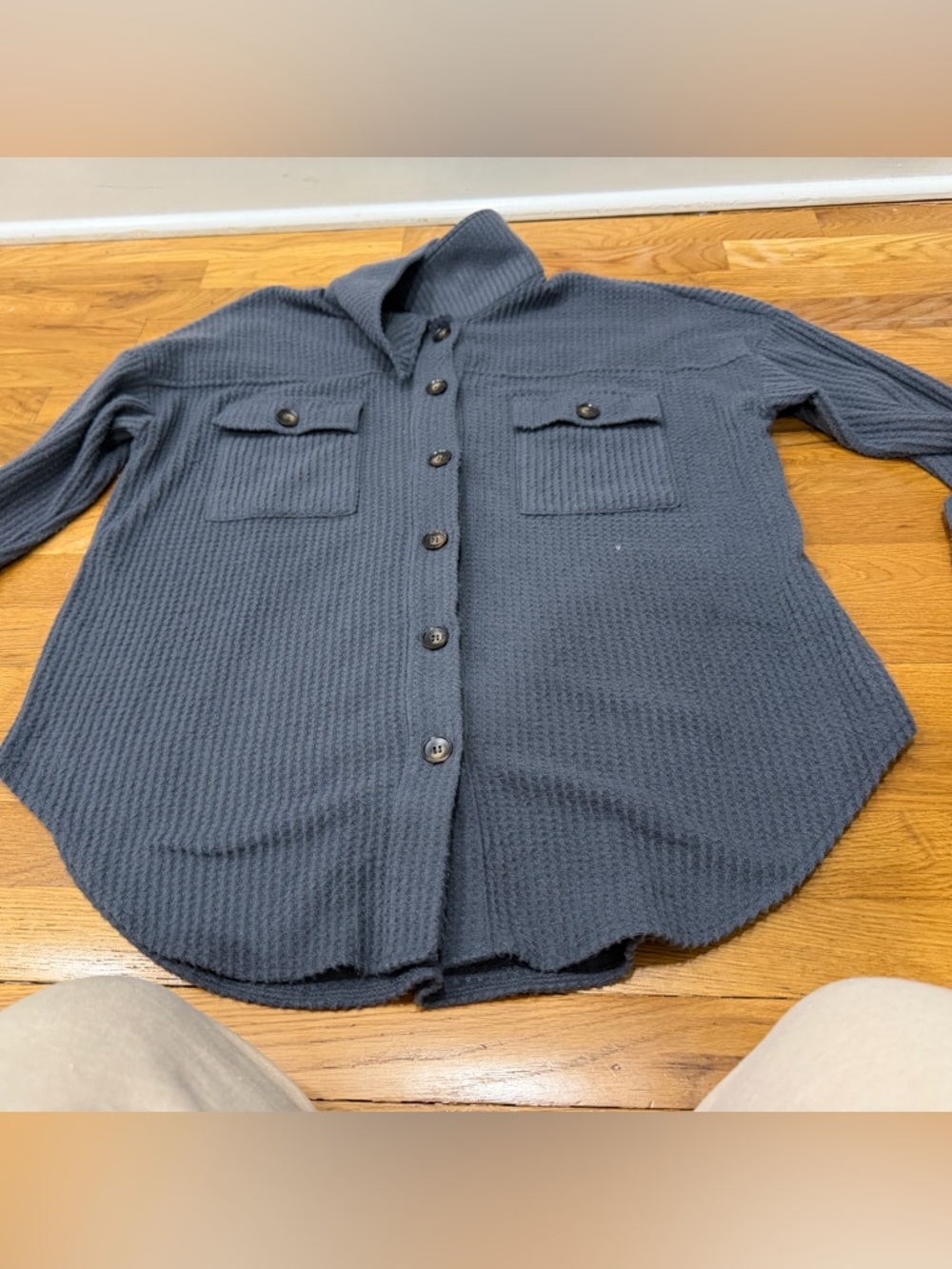Waffle Knit Button-Up Shirt Jacket in Charcoal